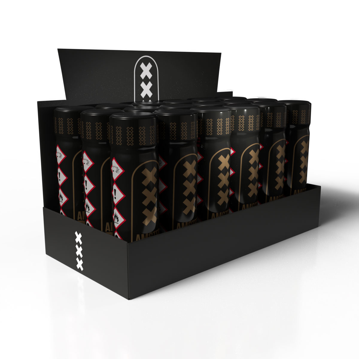 Expositor Amsterdam XXX Black Label Isoamyl — bandeja 18 unidades