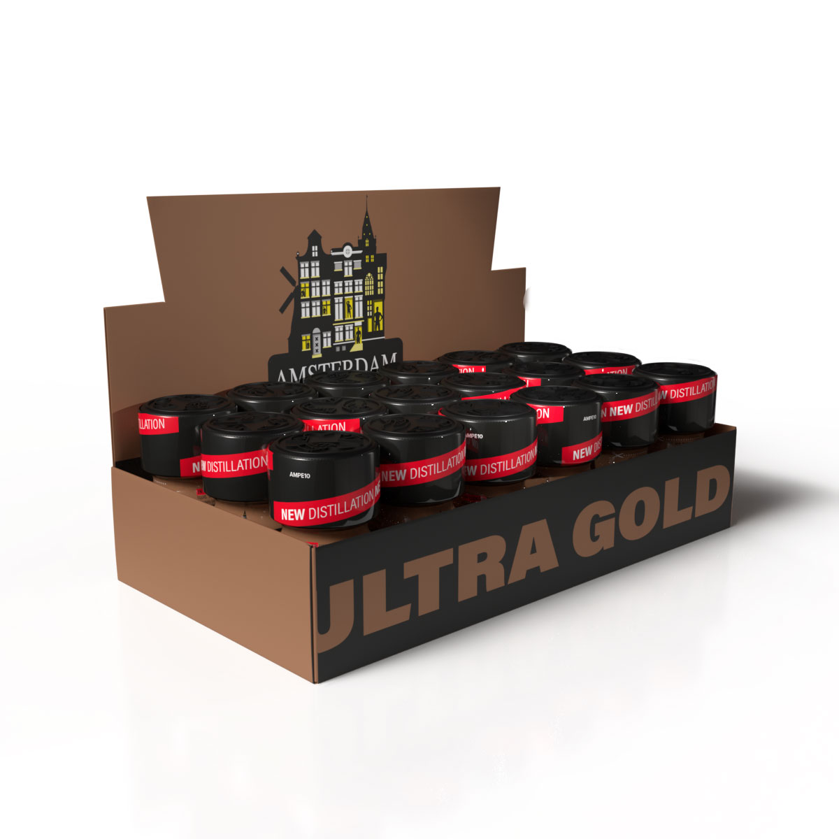 Expositor Amsterdam Ultra Gold — bandeja 18 unidades