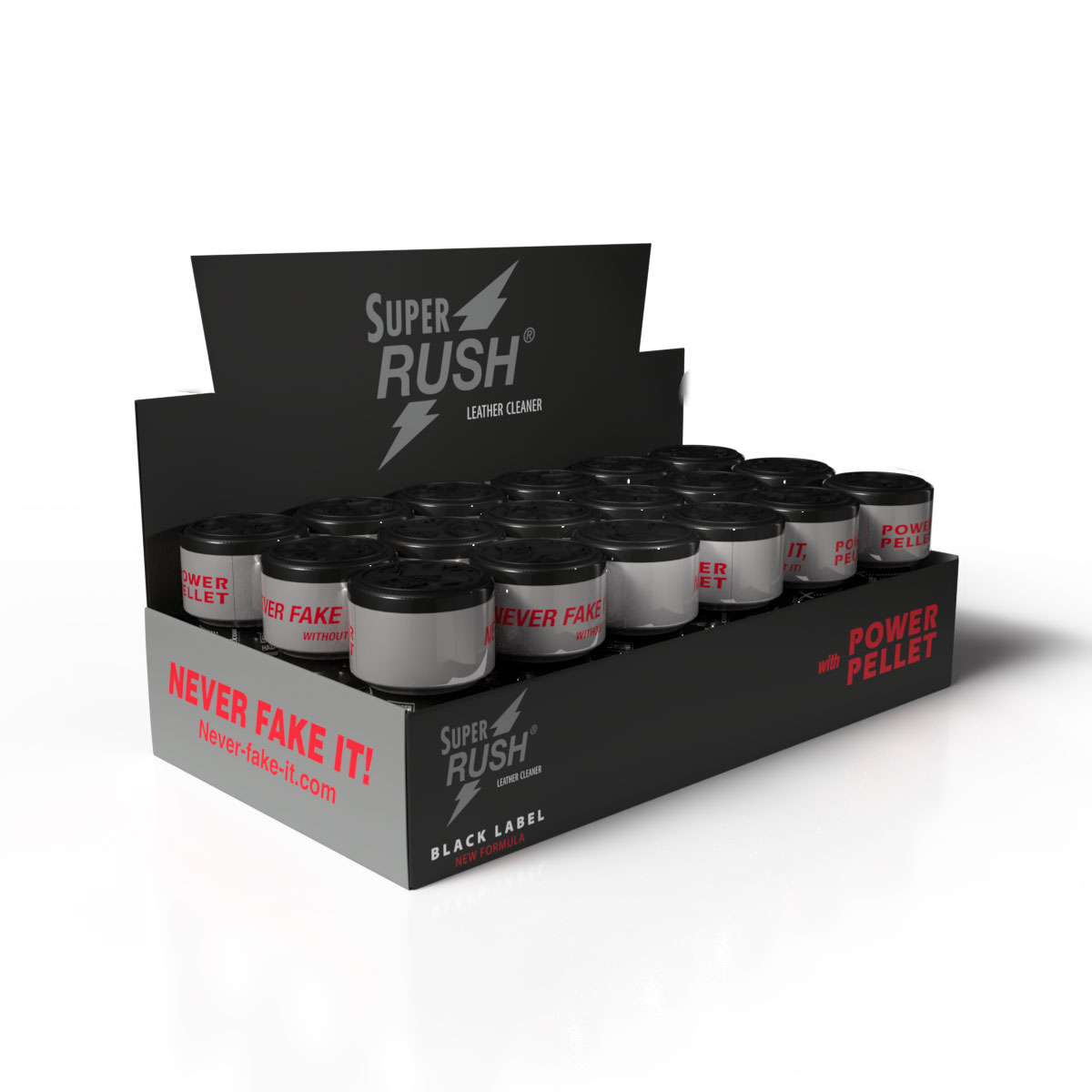 Expositor Super Rush Black Label — bandeja 18 unidades