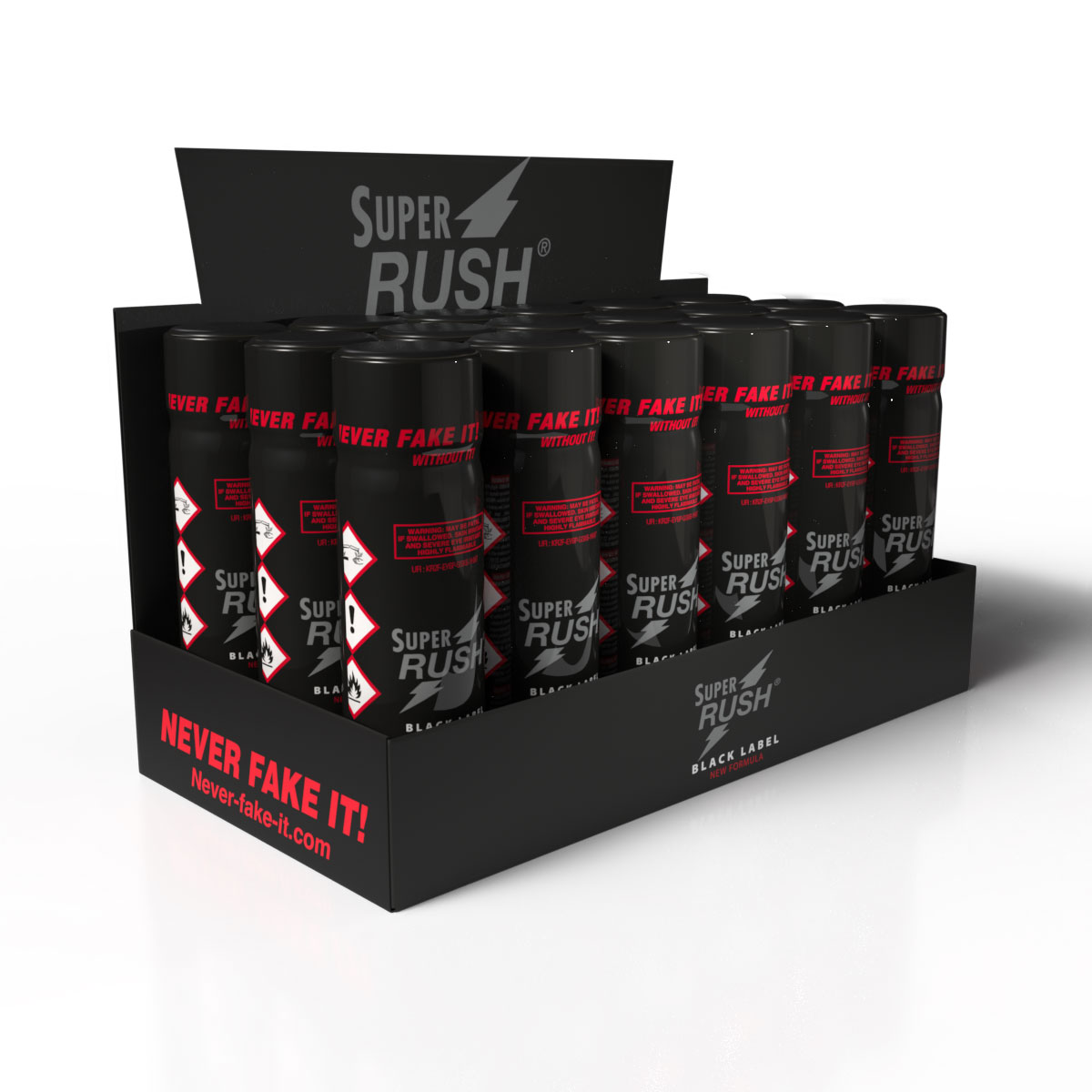 Expositor Super Rush Black Label Tall — bandeja 18 unidades